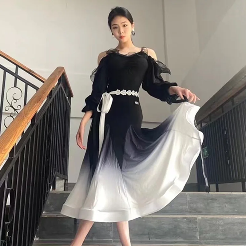 Standard-Ballsaal-Tanzkleid, schwarz, schulterfrei, Walzerkleid, Damen, Tango, modernes Tanzkostüm, Ballsaal-Übungstanzkleidung 2693