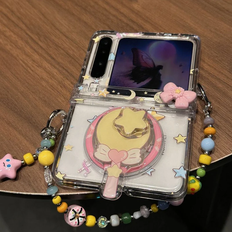 

z flip7 case Cute Star Magic Wand Rotating Magnetic Stand phone case for Samsung Galaxy z flip7 6 /Purax / mixflip cover clear