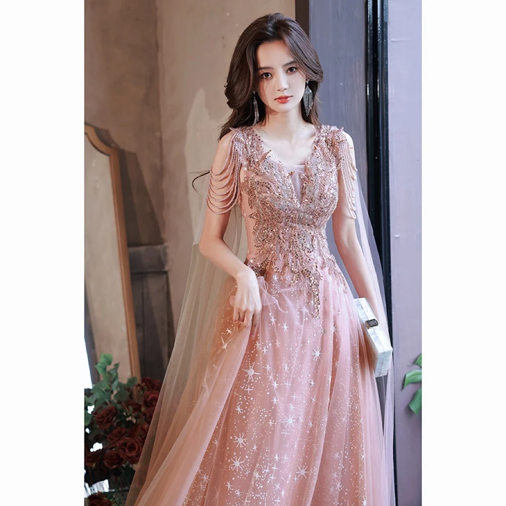 

Pink Elegant Evening Dresses A-Line Appliques Ribbon Pearls Beading Tassel O-Neck Long Tulle Shiny Glitter Bridesmaid Prom Gowns