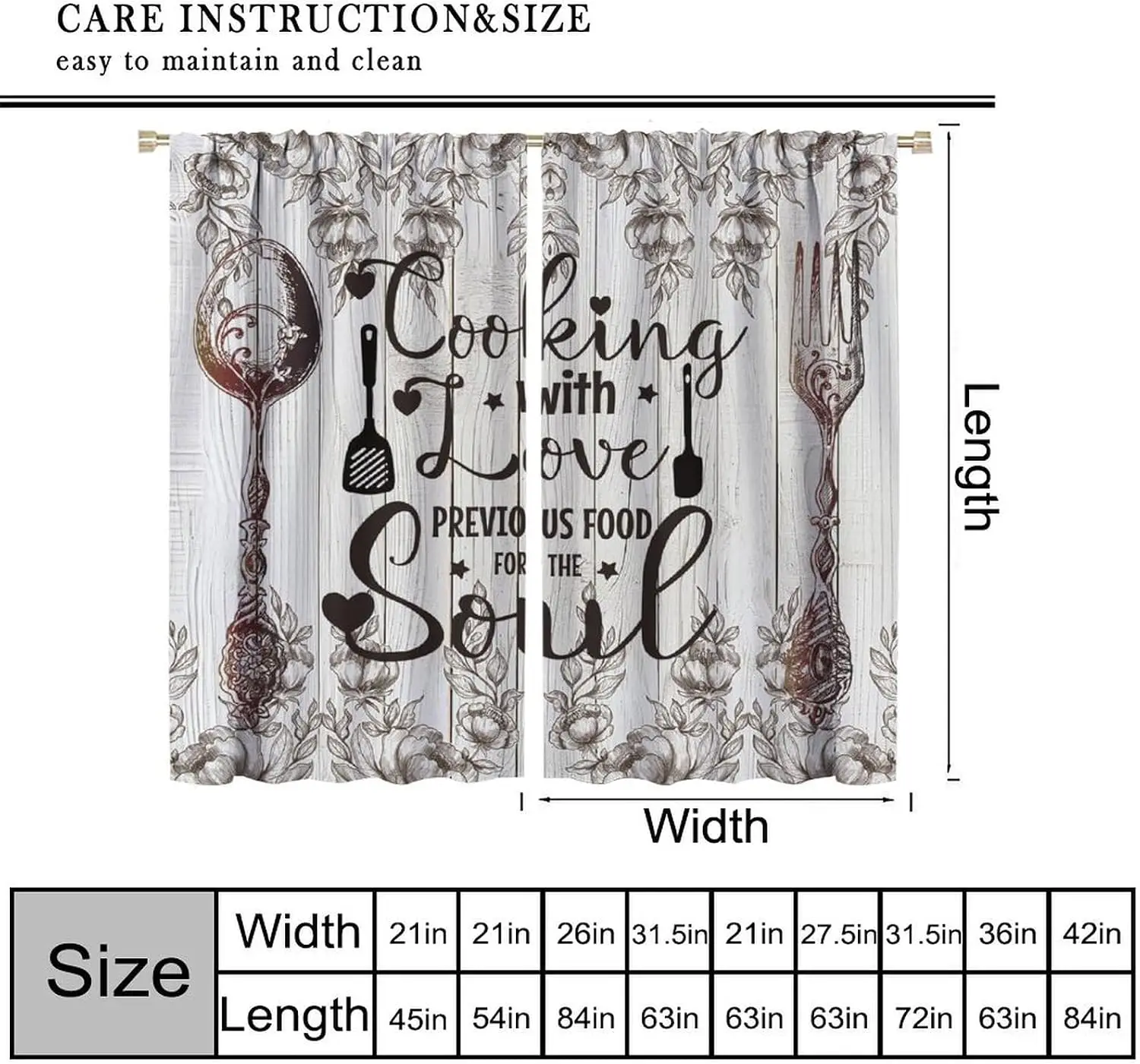 Vintage Wooden Board Kitchen Window Curtains, Elegant Sketch Flower Utensil Inspirational Cooking Letter Drapes for Dining Room