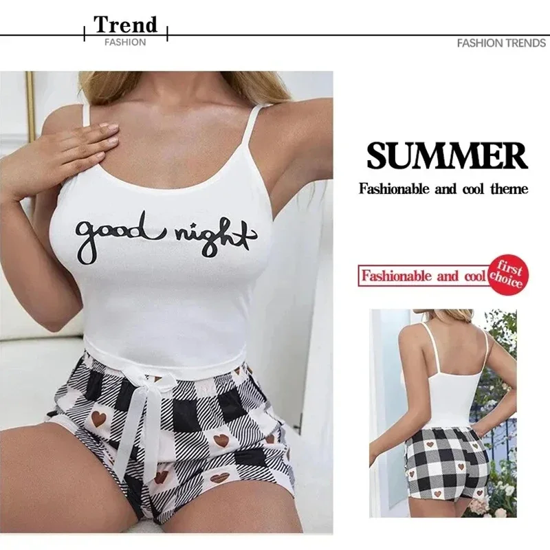 Damen-Pyjama, Sommer, sexy Camisole-Set, Damen-Pyjama-Set mit bedrucktem Buchstaben-Oberteil, gepaart mit karierten bedruckten Shorts, Heim-Pyjama-Set – Detail 3