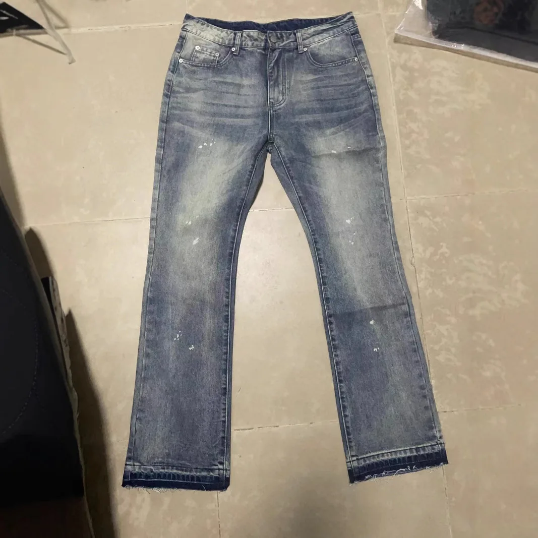 Streetwear Splatter Washed Flared Denim Jeans for Men High Street Viral Style Hip Hop Trendy Bootcut Pants Plus Size 40