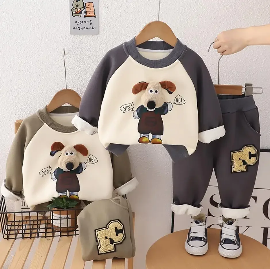 Boys Autumn Winter Outfits Sets 1 To 2 Years Kids Baby Clothes Cartoon Velvet Dog Sweatshirt And Pants Toddler Infant Clothing