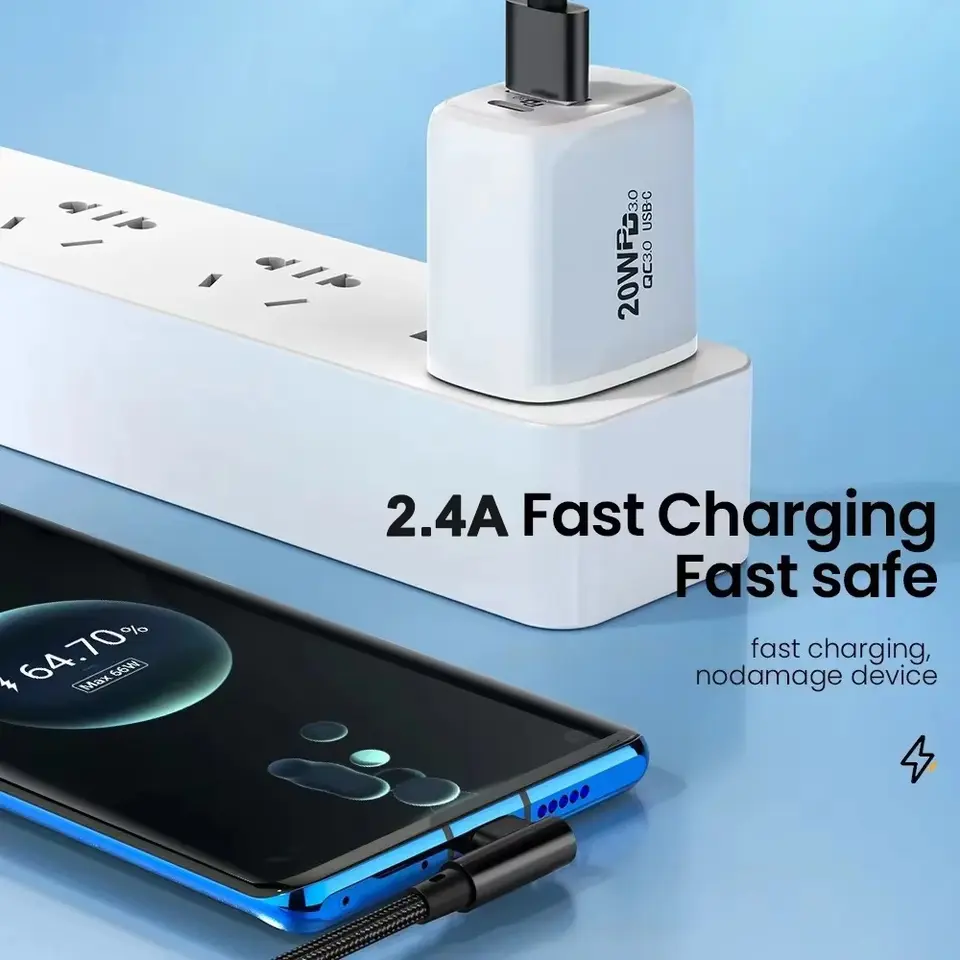 كابل بيانات وشحن سريع مايكرو USB بزاوية 90 درجة 2.4 أمبير V8 لهواتف سامسونج وشاومي وأندرويد بطول 1 متر/2 متر/3 متر - 6