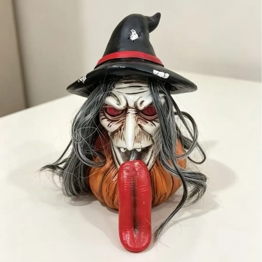 Nuevo adorno de resina de calabaza con cabeza de bruja de lengua larga para Halloween, decoración de escritorio de bruja terrorífica para fiestas de casas encantadas.