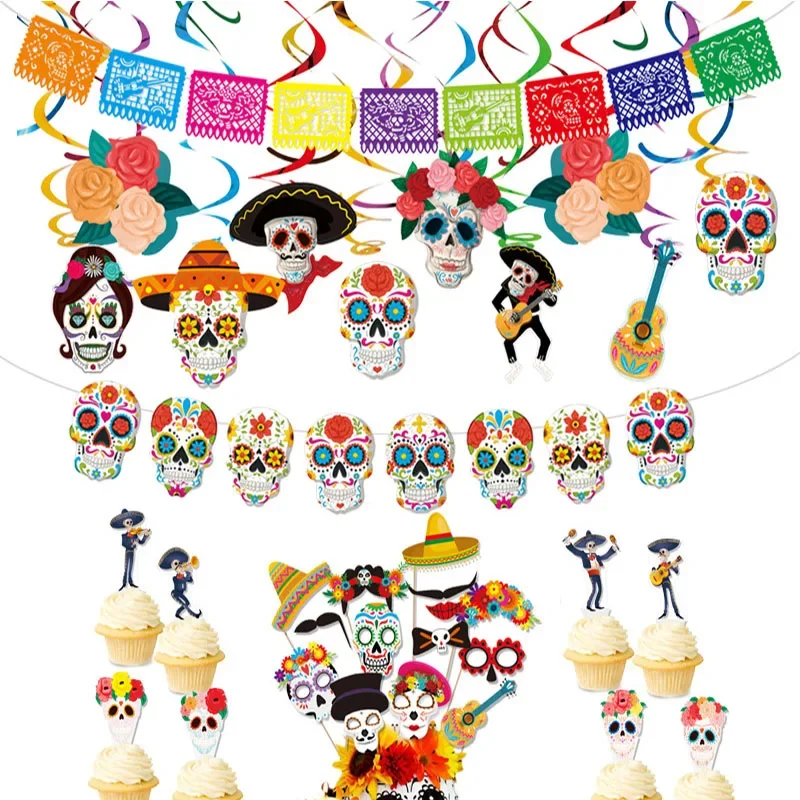 Mexico Day of  The Dead Theme Skull Banner Multicolor Mexican Photography Backdrop with Photo Booth Props Party Decorations