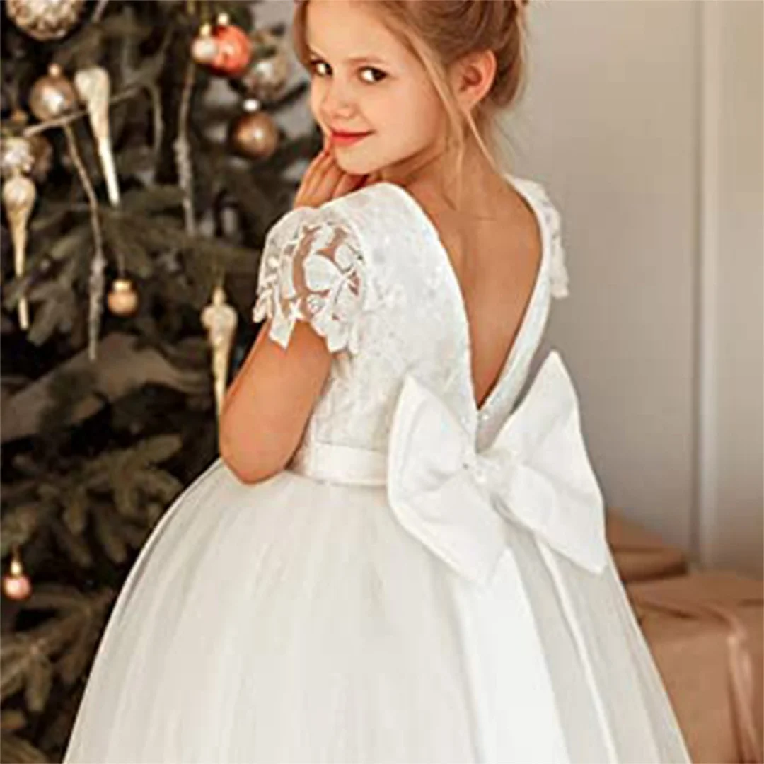 

Flower Girls Lace Cap Sleeve Dress for Wedding Puffy Tulle Back V-Neck Pageant Prom Ball Gown with Bow