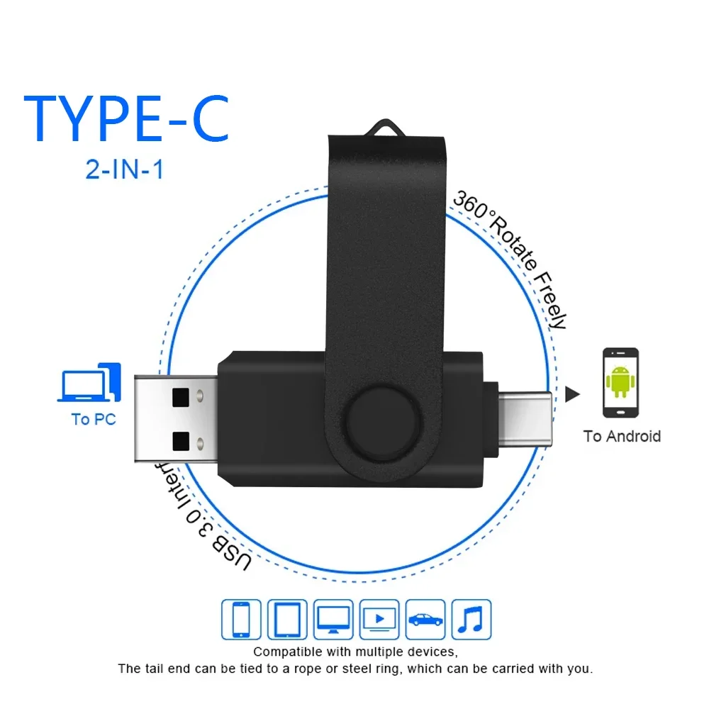 Type C USB 2.0 2 IN1 Flash Drive 4GB 8GB 16GB 32GB 64GB 128GB Pen Drive for PC/Smart TV and Andriods SmartPhone Memory Disk