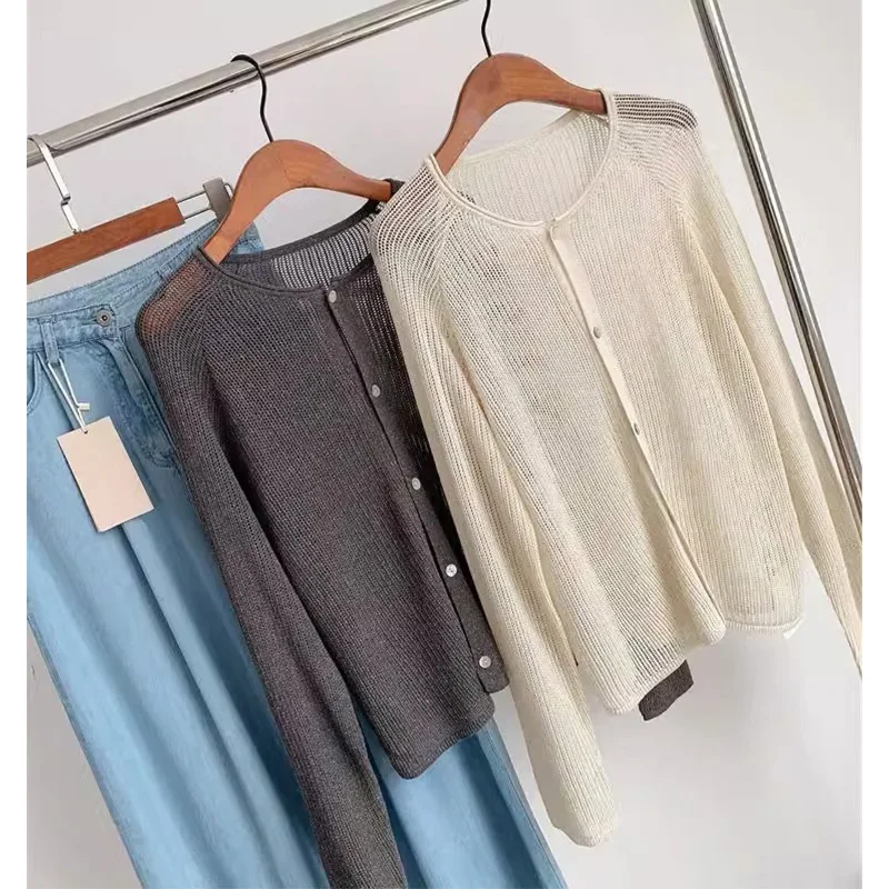 Women's Knitted Ice Silk Long Sve round Ne Open Cardigan  Color Versatile Slimming Outerwear Commute Sle Korean V...