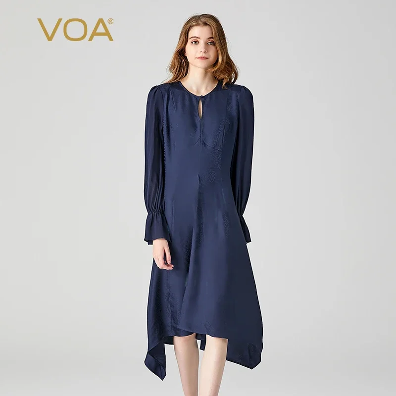 

(Fans Exclusive Discount) VOA Silk Jacquard Navy Half Open Collar Flare Long Sleeve Office Ladies Midi Dresses Women AE1952