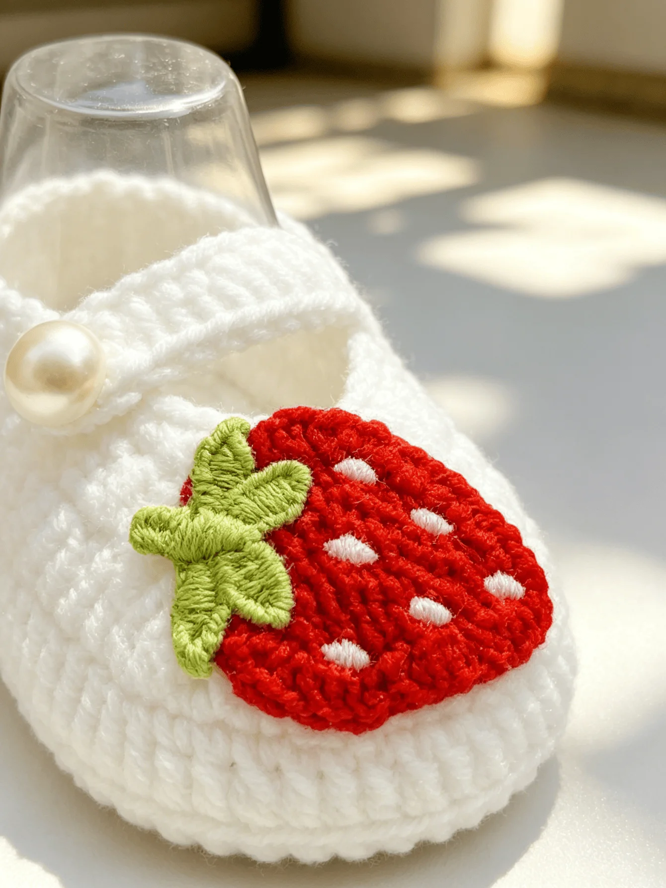1 Paar gehäkelte Mary-Jane-Schuhe für Babys, weiß, Erdbeer-Stickerei mit Perlenknopfriemen, Babyschuhe – Detail 4