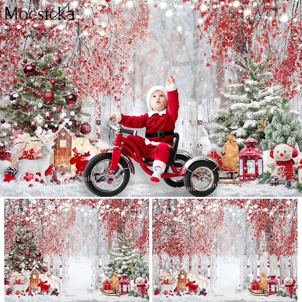 Snow Scene Kids Cake Smash Backgrounds Winter Forest Christmas Portrait Backdrop Snowman Elk Sled Toys Red Merry Xmas Supplies