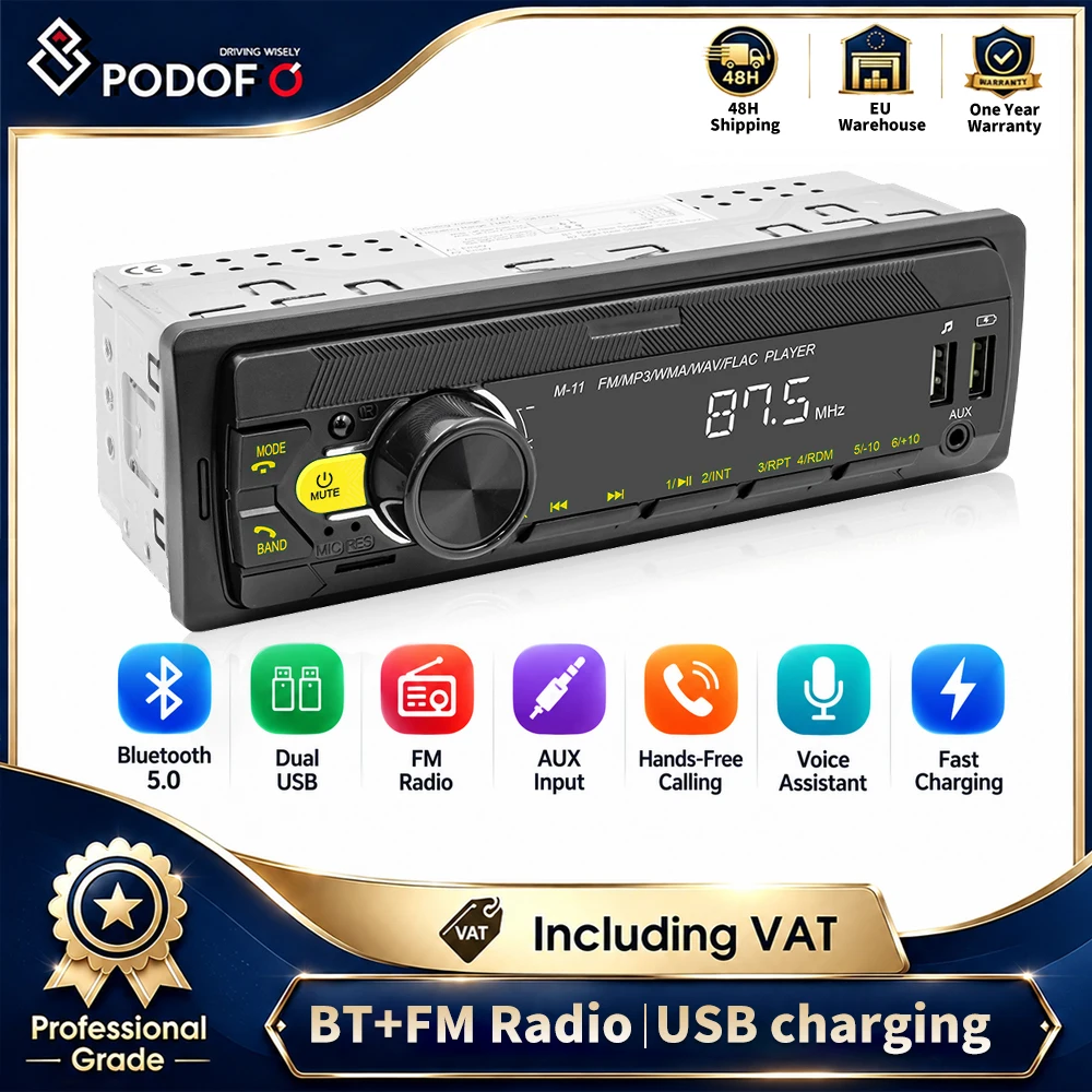 Podofo Autoradio 1 DIN da incasso, lettore MP3, Bluetooth, radio FM, USB, SD, AUX-IN, 45W, telecomando, 12V, display LCD per auto