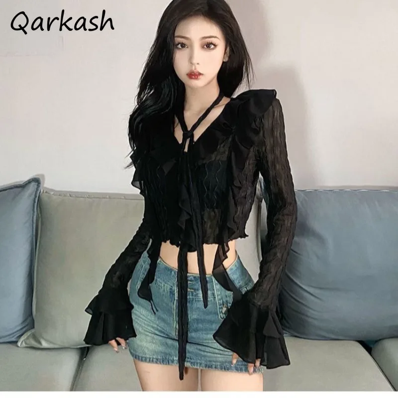 Women Blouses Black V-neck Flare Sleeve Ruffles Sexy Hotsweet Spicy Girls See Through Slim Short Retro Gothic Grunge Summer Chic