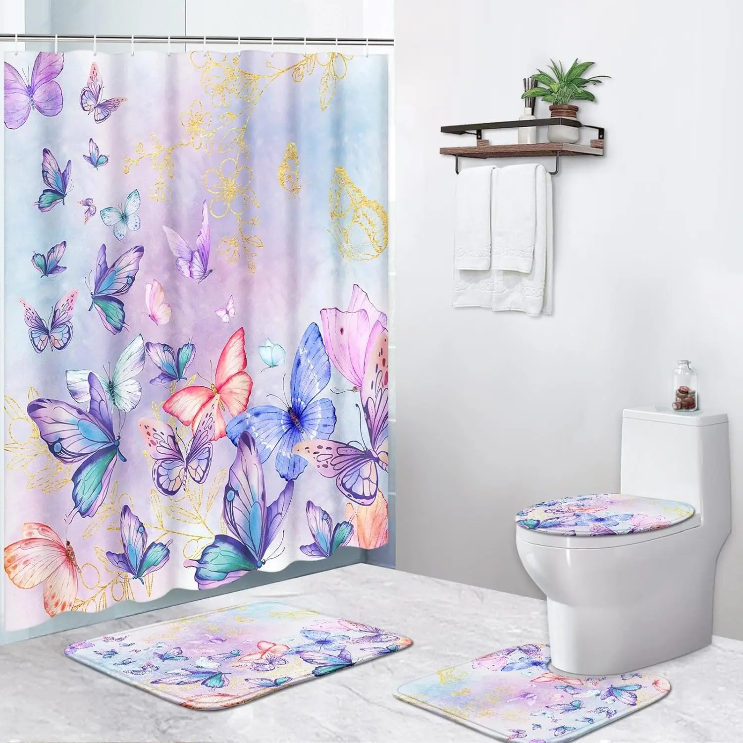 

4Pcs Shower Curtain Sets,Colorful Butterfly Blue Floral Waterproof Bathroom Sets with NonSlip Rugs,Toilet Lid Cover and Bath Mat
