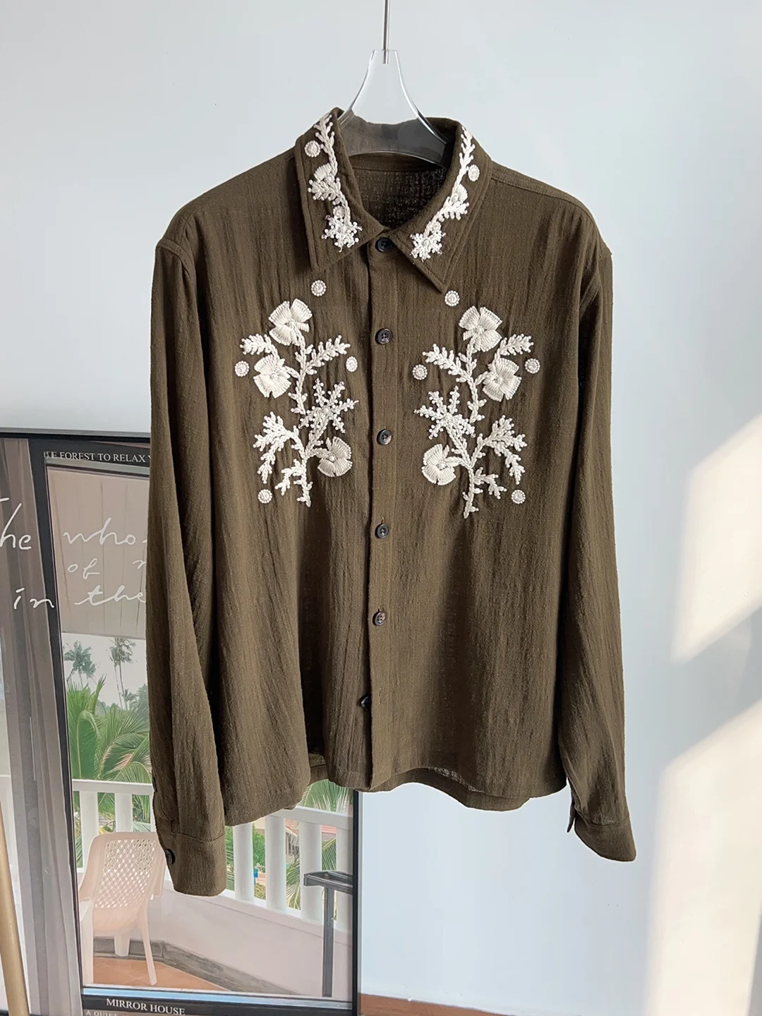 

Ретро-топ с объемной вышивкой и длинными рукавами для женщин, свободный крой, оливковый цвет, весна-лето, хлопок, дышащий, комфортный, с цветочным узором