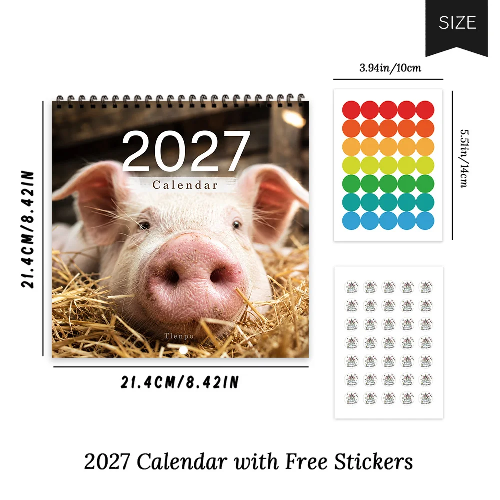 1pc 2027 Realistic Piglet Farm Wall Calendar,12‑Month Planner,Gift For Back‑to‑School,Christmas,New Year,Free Stickers Included