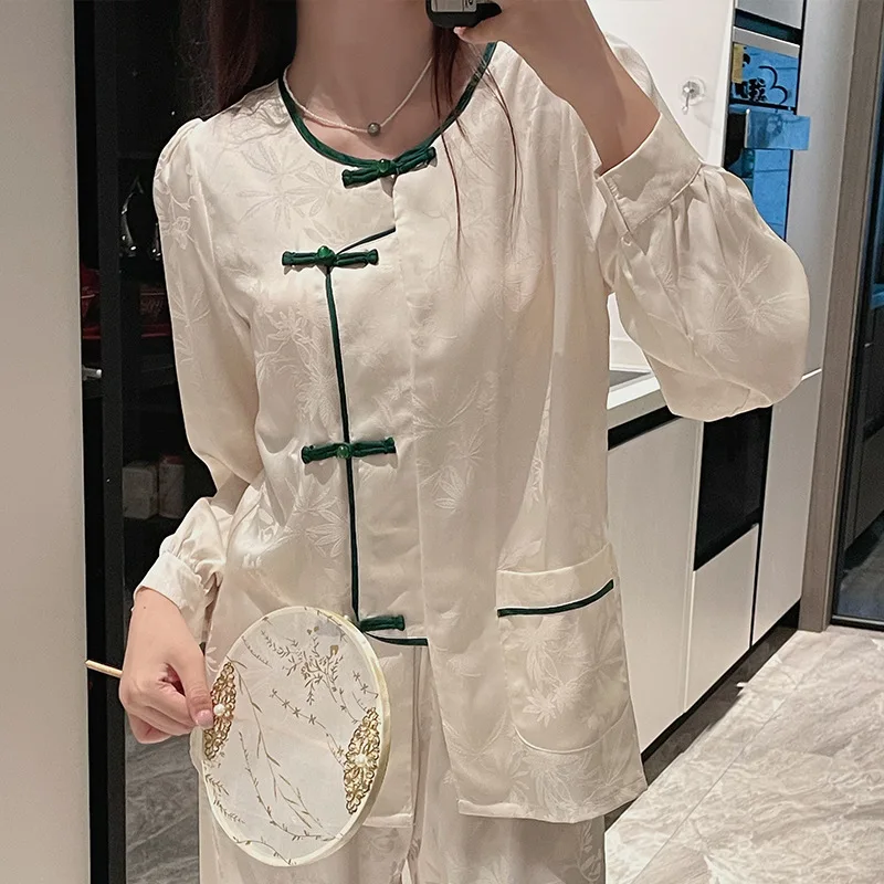 Retro Print Flower Satin Nightwear New Chinese Style Pajamas for Women Trouser Suits Loose Home Wear Spring Autumn Sleepwear