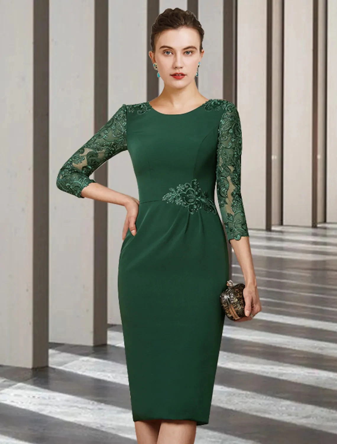 Verde curto mãe da noiva vestido elegante jewel neck chiffon rendas manga longa vestidos de festa casamento robe de soiree