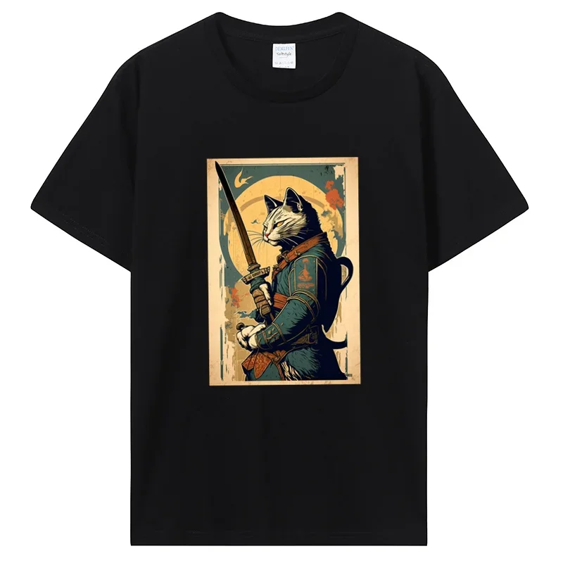 Camiseta clásica de gato samurái que sostiene una katana para hombre, ropa de algodón de gran tamaño, camisetas gráficas, Tops