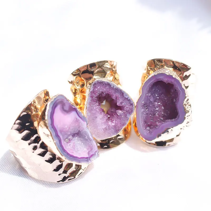 Agate Geode Charm Ring Women Natural Stone Gold Plated Cuff Adjustable Knuckle Ring Raw Crystal Rings