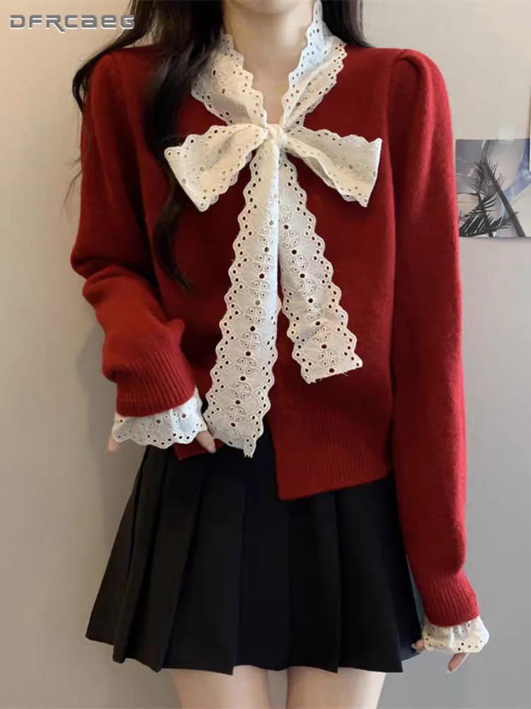 

Korean Style Chic Lace Patchwork Knitted Top With Bow Autumn Winter Long Sleeve Cardigan Sweater Clothes Red