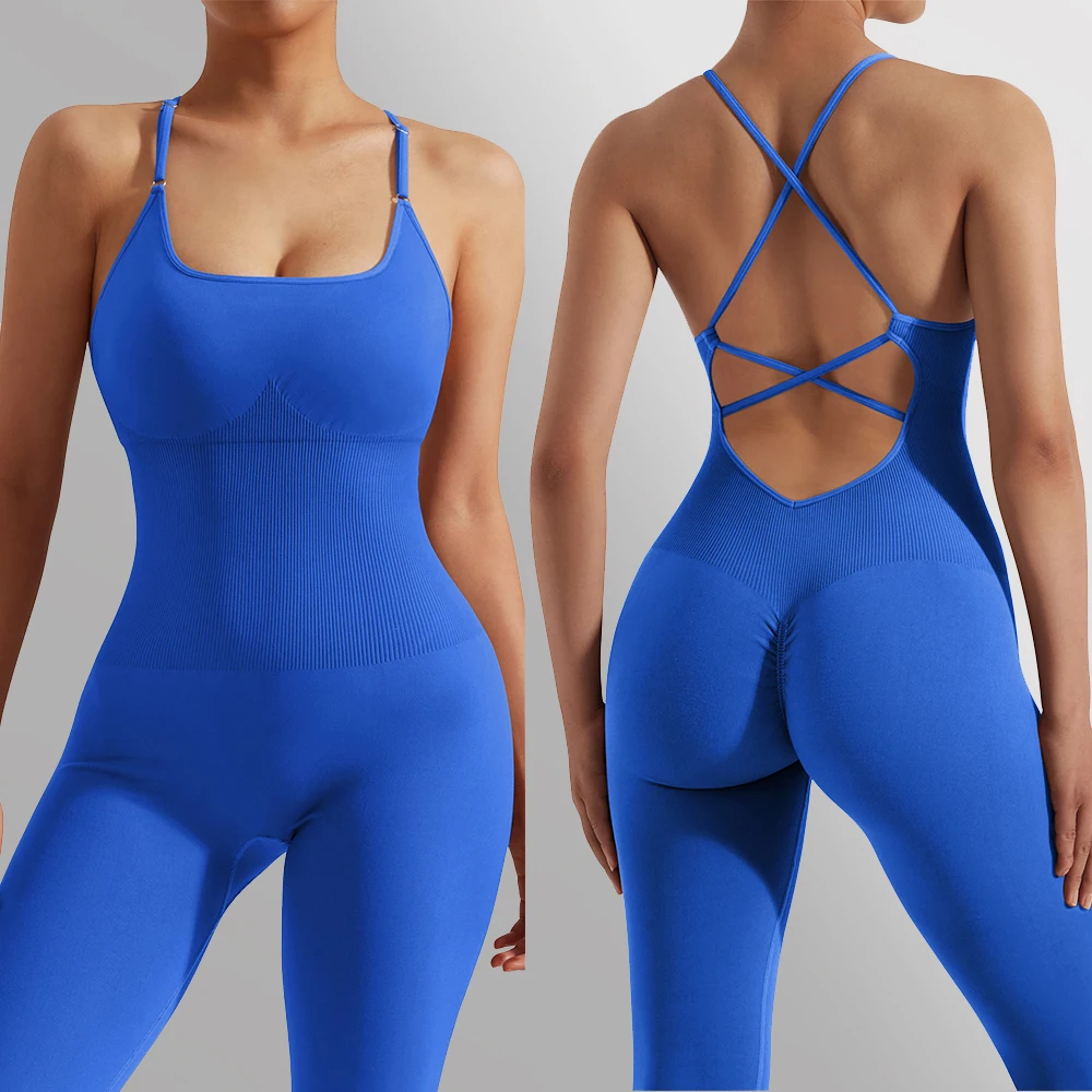 Sexy Backless Bodycon Scrunch Jumpsuit Women Dance Fitness Streewear Overalls Push Up Sleeveless Yoga Sport Jumpsuits Female