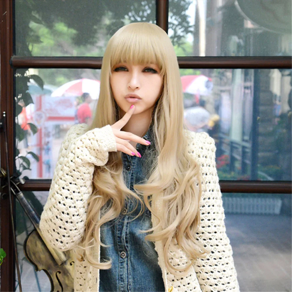 Linen slanted bangs women's full head set curly hair golden synthetic fiber wig long hair large waves high-temperature silk