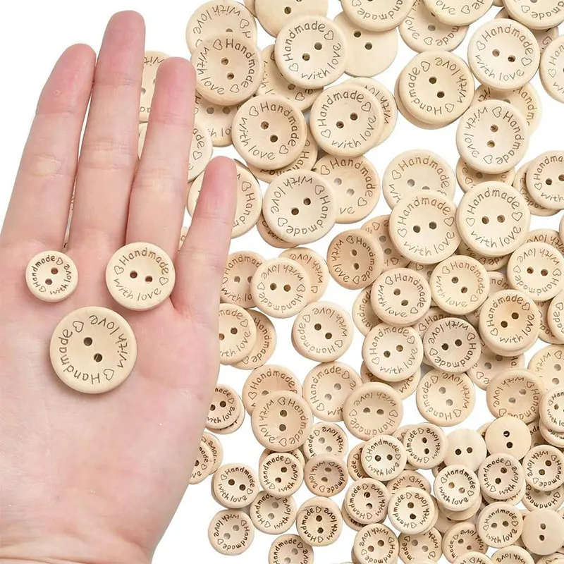 30/50Pcs Wooden Handmade Buttons 2 Holes Wooden Sewing Buttons Wood Handmade Love Button for Sewing Cloth Accessories 15/20/25mm