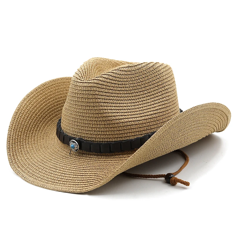 cowboy Beach Hat Straw Summer Hats for Girl Turquoise Solid Band Sun Protection Panama Casual Men Women Hat панама Chapeau Femme