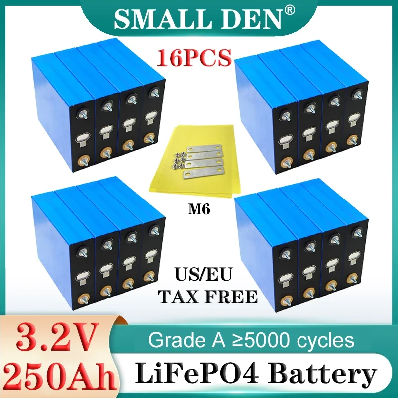 16PCS NEW Grade A 3.2V 250Ah Lifepo4 Battery 6C Lithium iron phosphate DIY 12v24v E-boat Car motor RV Inverter Solar Wind energy