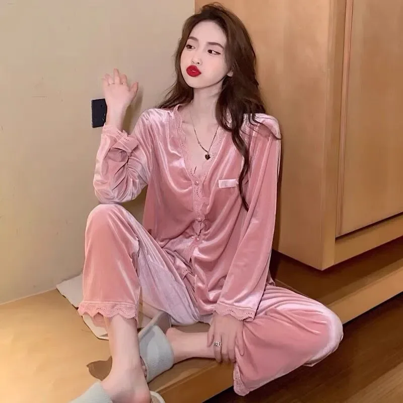 2023 New Gold Velvet Spring and Autumn and Winter Pajamas Ladies Lace Cardigan Suit Is A High-end Leisure Fashion Home Service