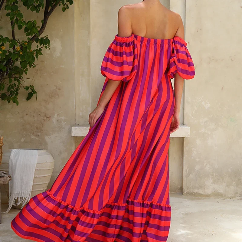 Nieuwe stijl gestreepte maxi-jurk 2025, populaire damesmouwen, oversized rok, oranje gestreepte strandvakantiejurk