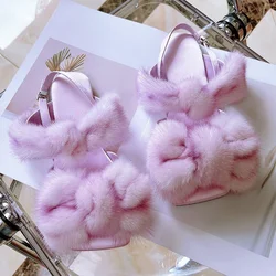 Summer New Women's Sandals High-Grade Mink Hair Fashion Bow Decorative Temperament Slippers Casual Flat Home Plush Fur Slippers