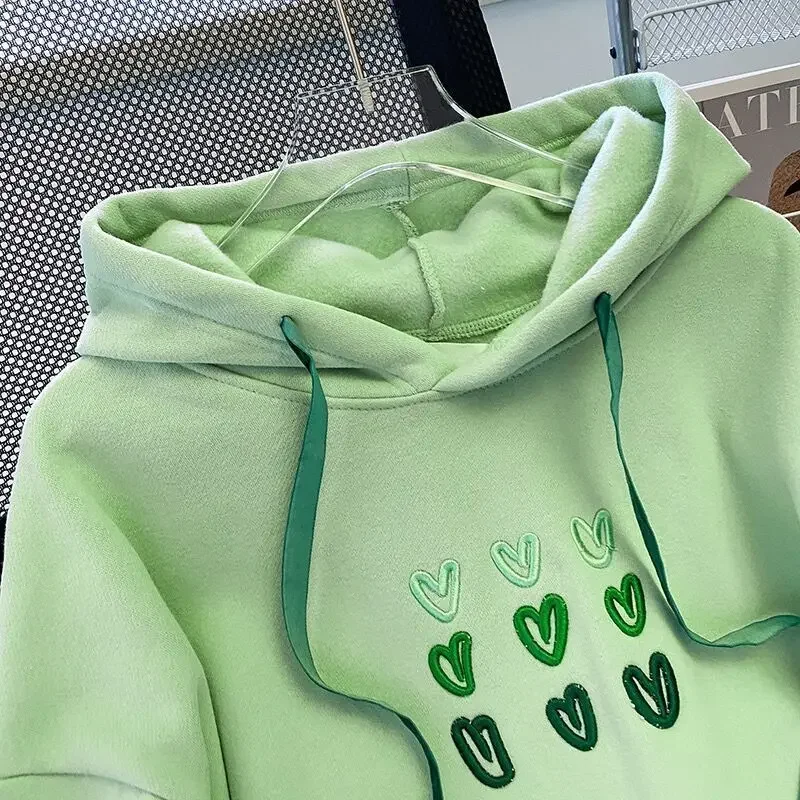 Hooded hoodie women\'s autumn and winter new embroidered love casual loose green plush top jacket