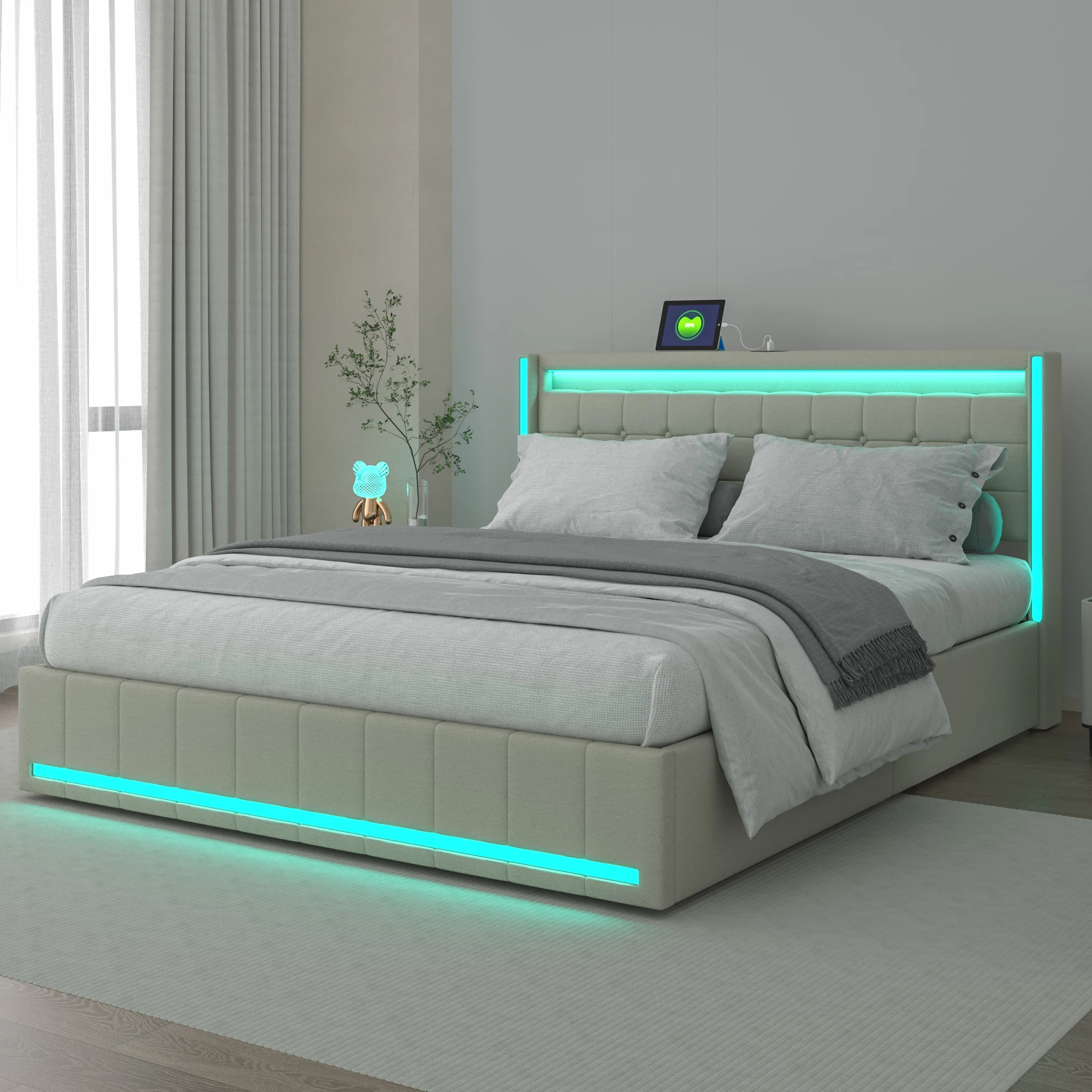 Comanlai 160×200cm Jugendbett, Erwachsenenbett, Gepolstertes Doppelbett, mit LED und USB 4 Schubladen, Kopfteil mit Stauraum Leinen