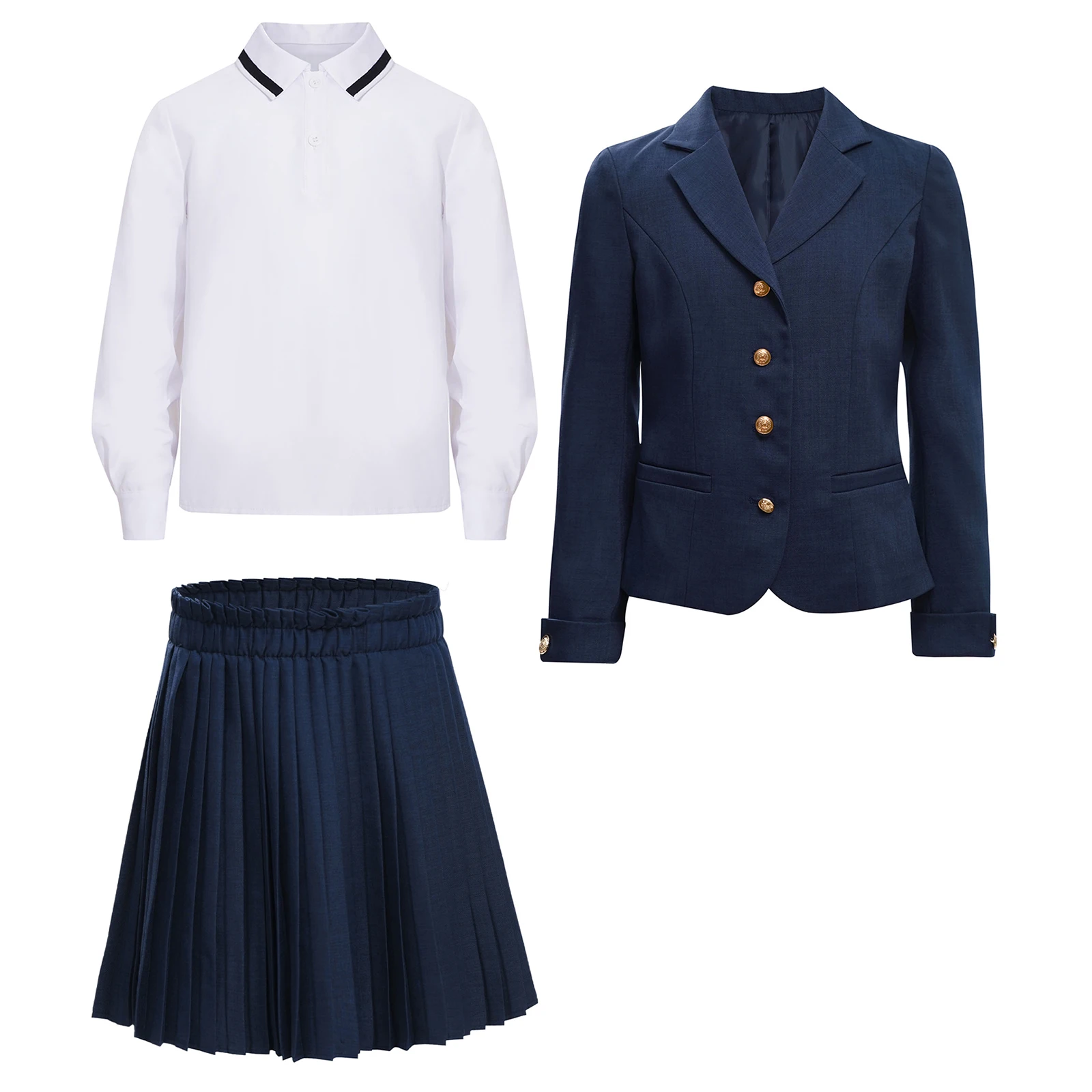 

3Pcs/Set Kids Girls School Uniform Lapel Button Down Suit Jacket Coat+Turn-Down Collar Long Sleeve Pullover Shirt+Pleated Skirt