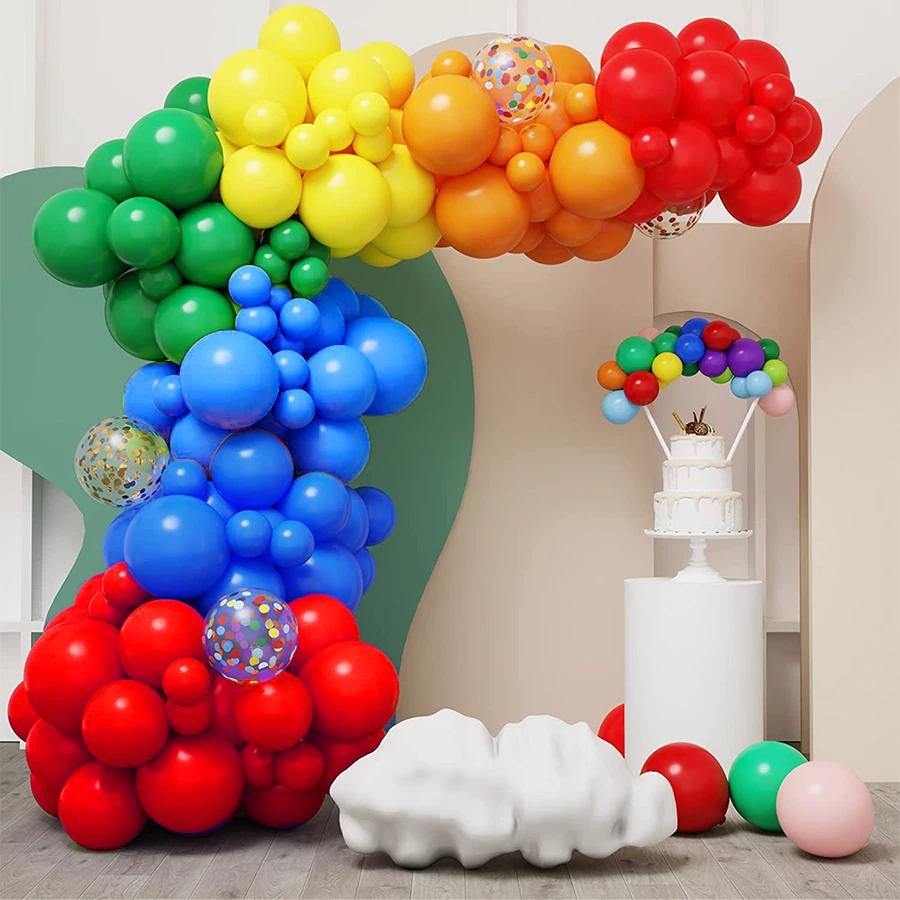 Juego de arco de globos con temática de carnaval de 118 piezas, globos de látex con confeti rojo, amarillo, naranja, verde y azul, adecuados para fiestas de cumpleaños infantiles, fiestas de carnaval, ceremonias de graduación y la opción preferida para de