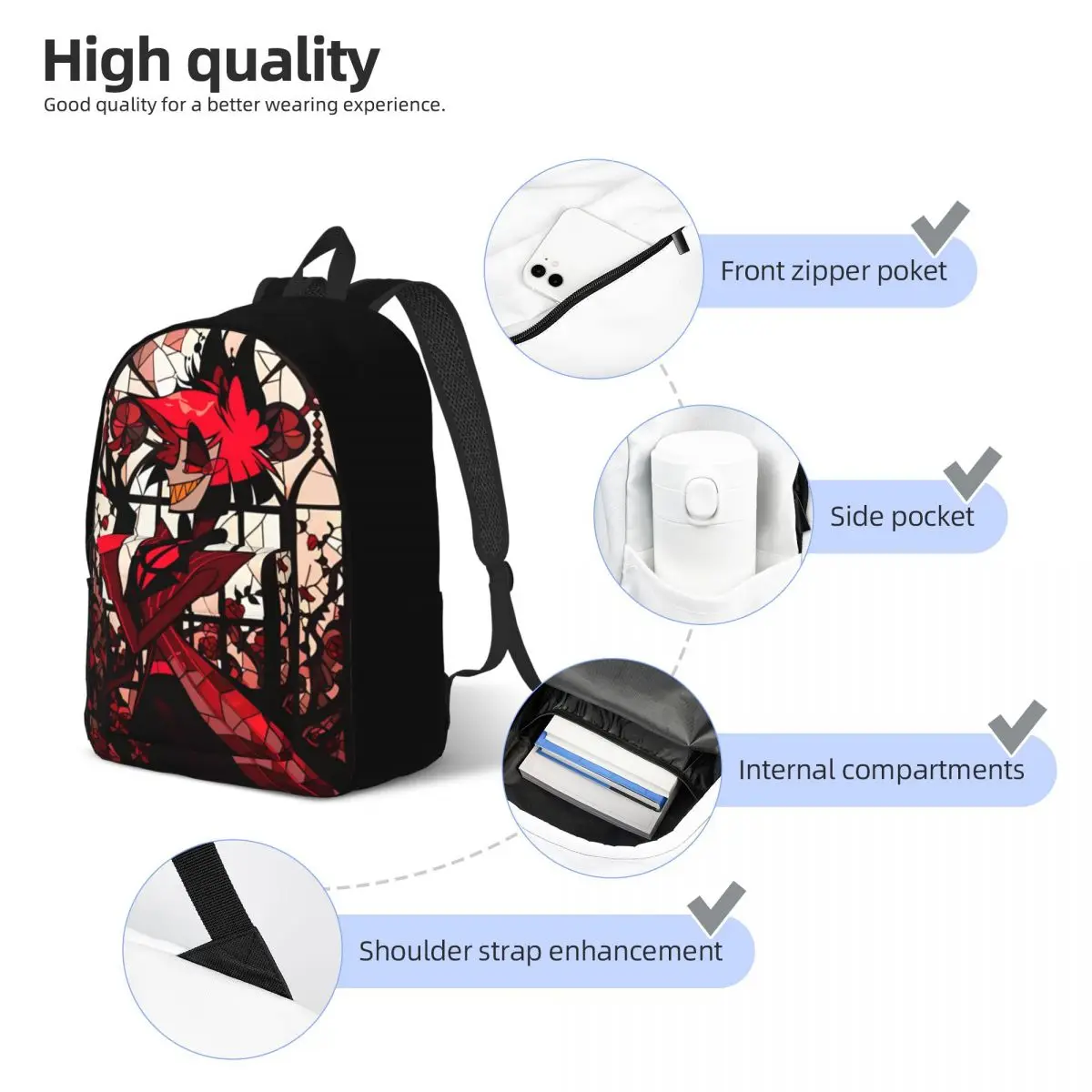 Stained Glass Alastor Teenage Backpack Gift High School Business Anime Hazbined-Hotels Daypack for Men Women Laptop Shoulder Bag