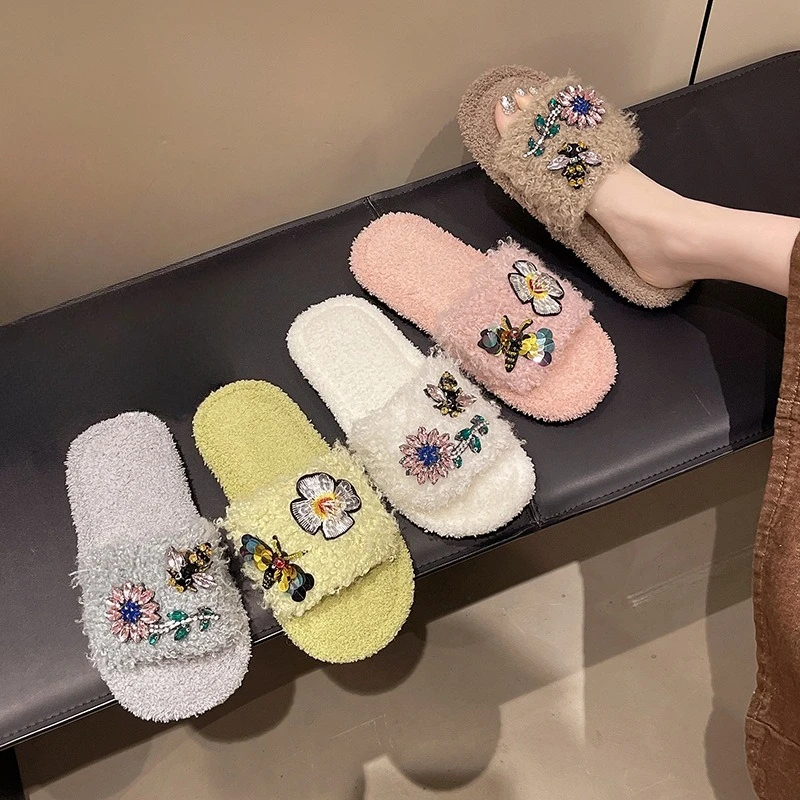 Korean Version Water Diamond Flower Wool Slippers, Home Soft-soled One-line Slippers, Winter Anti-slip Cotton Slippers for Women