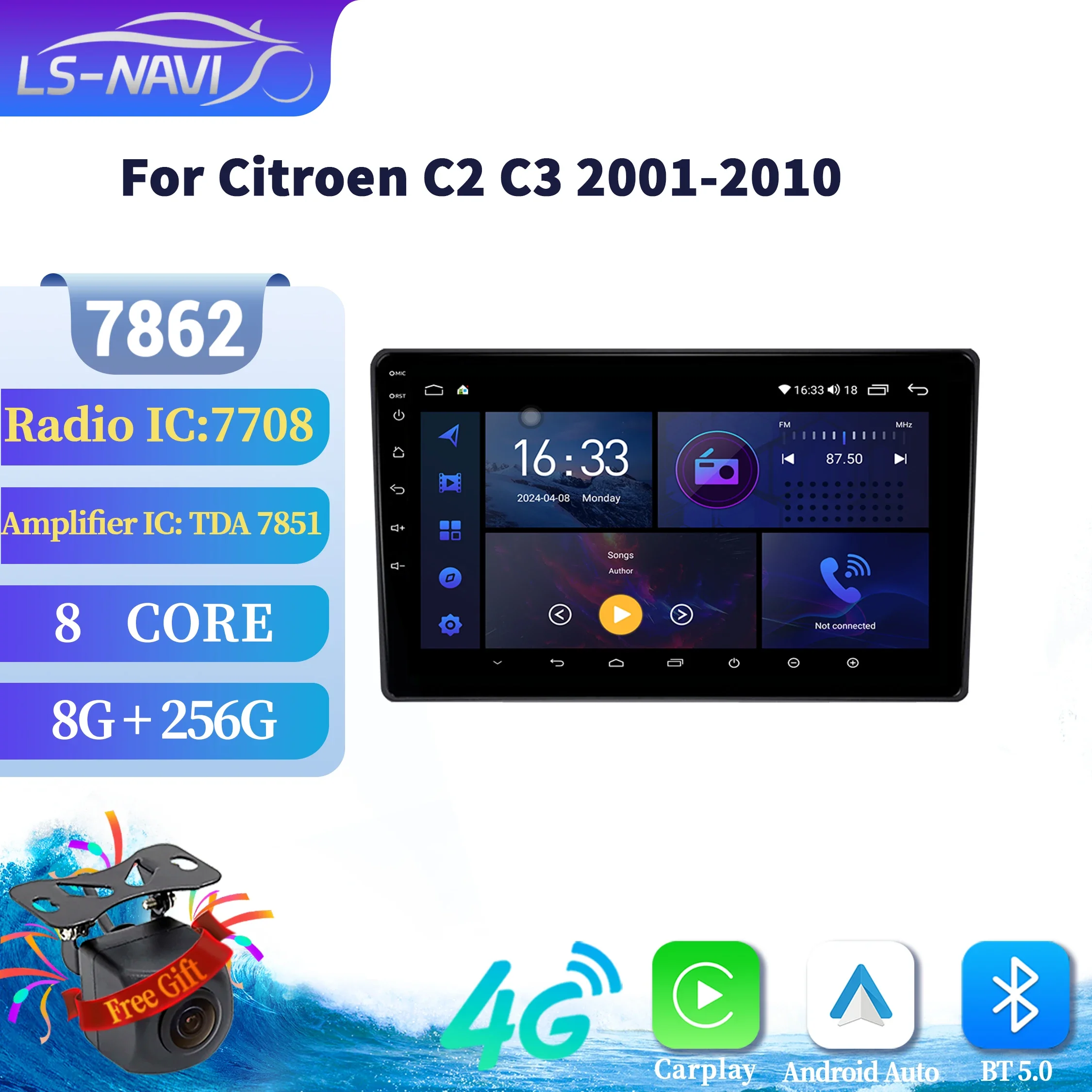

For Citroen C2 C3 2001-2010 Android 14 Car Radio Navigation 2 Wireless BT Carplay Multimedia 4G 7862 8+256 radio 2K QLED Screen