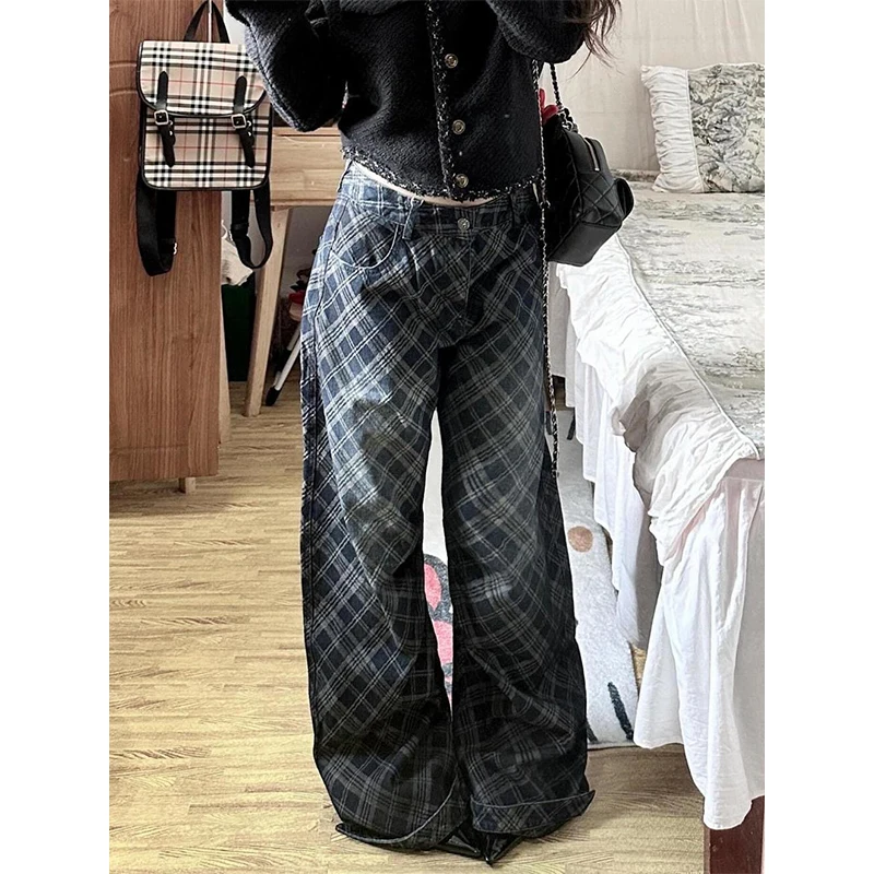 American Retro Design Plaid Jeans for Women's Spicy Girls Loose and Lazy Relaxed Feeling Curved Knife Floor Pant Autumn Winter