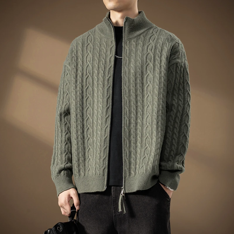 Autumn Winter Men's Stand Collar Sweatercoat Loose Knitted Cardigans Solid Color Warm Casual Knit Sweater Jacket Casual Cardigan