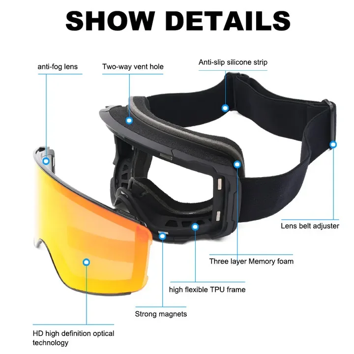 Lunettes de snowboard surdimensionnées avec logo personnalisé, lunettes de ski de neige magnétiques, mode en gros