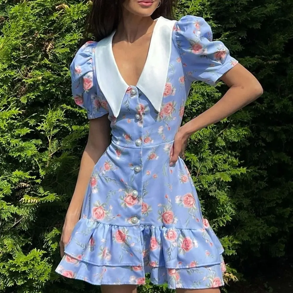 

V-neck Girls Floral Dress Ruffle Edge Lapel Children Princess Dress Teenagers Short Sleeve Flower A-line Dress Party