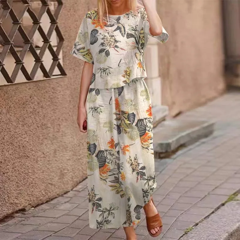 

Autumn Women's 2 Piece Set Sui Floral Wide Leg Tracksuits Casual Sets Boho Vintage Print Short Sleeve Long Pant Sets For Women