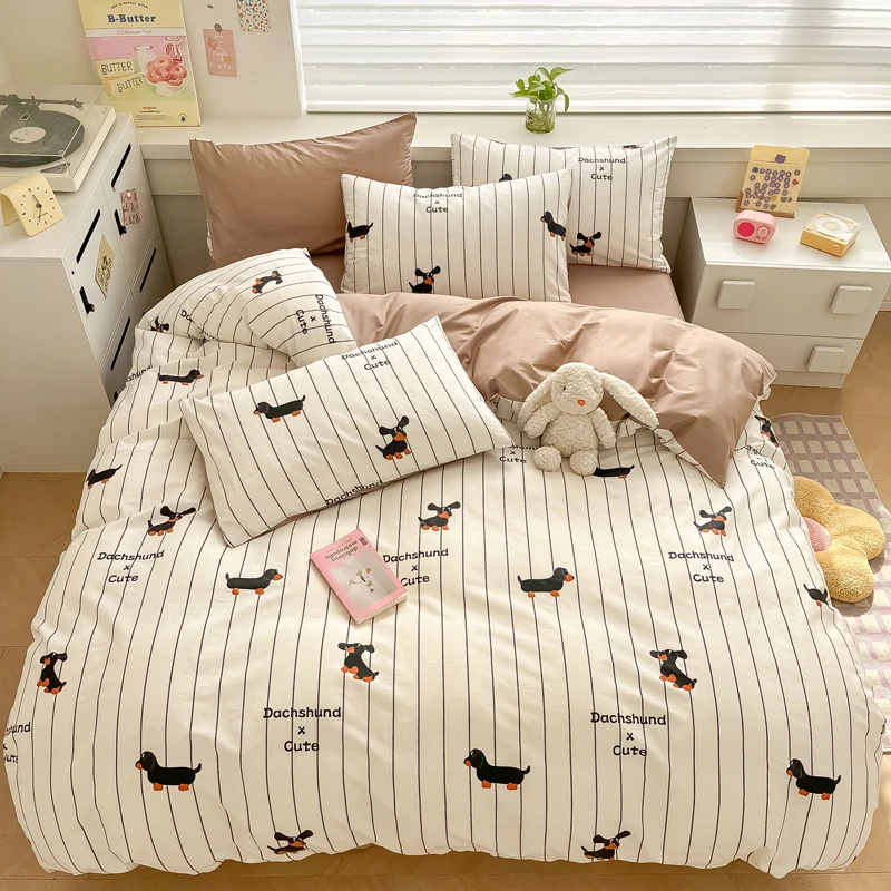 Cartoon Dachshund Dog Cotton Duvet Cover Set Black Stripes Bedding Set Kids Girls Cute Animal Comforter Cover with 2 Pillowcases