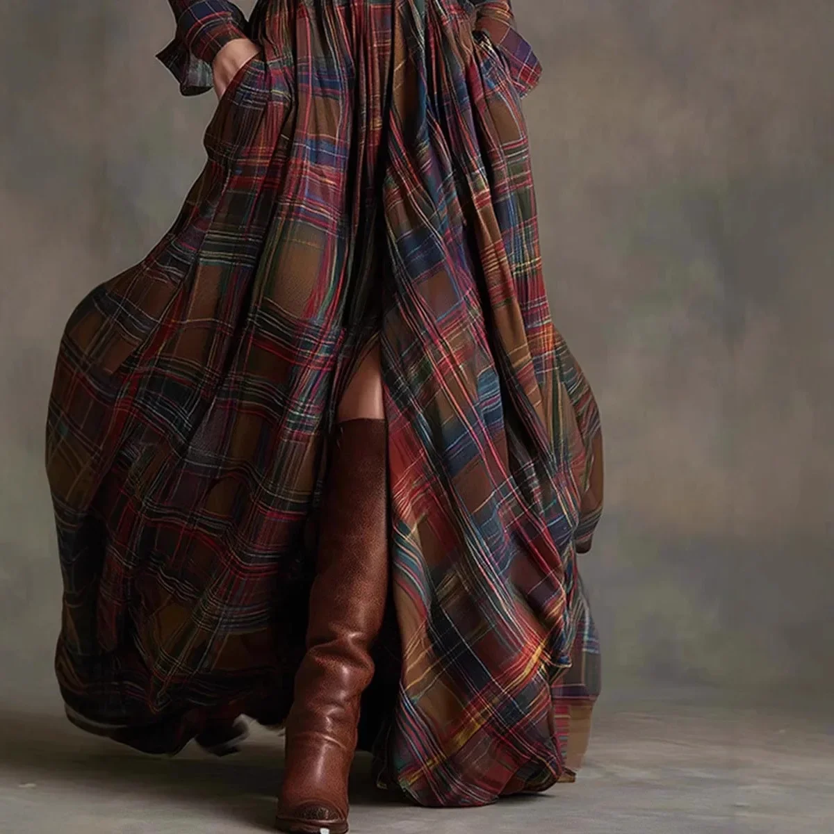 European American Women's Shirt Maxi Dress Autumn Casual Long Sleeve Button Pocket Plaid Print Lapel Retro Long Dress Vestidos