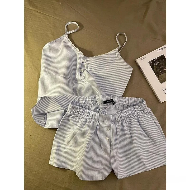 طقم ملابس نوم نسائي صيفي جديد بتصميم ياباني، قميص نوم بحمالات ملونة وشورت كاجوال، ملابس منزلية برقبة على شكل V #4