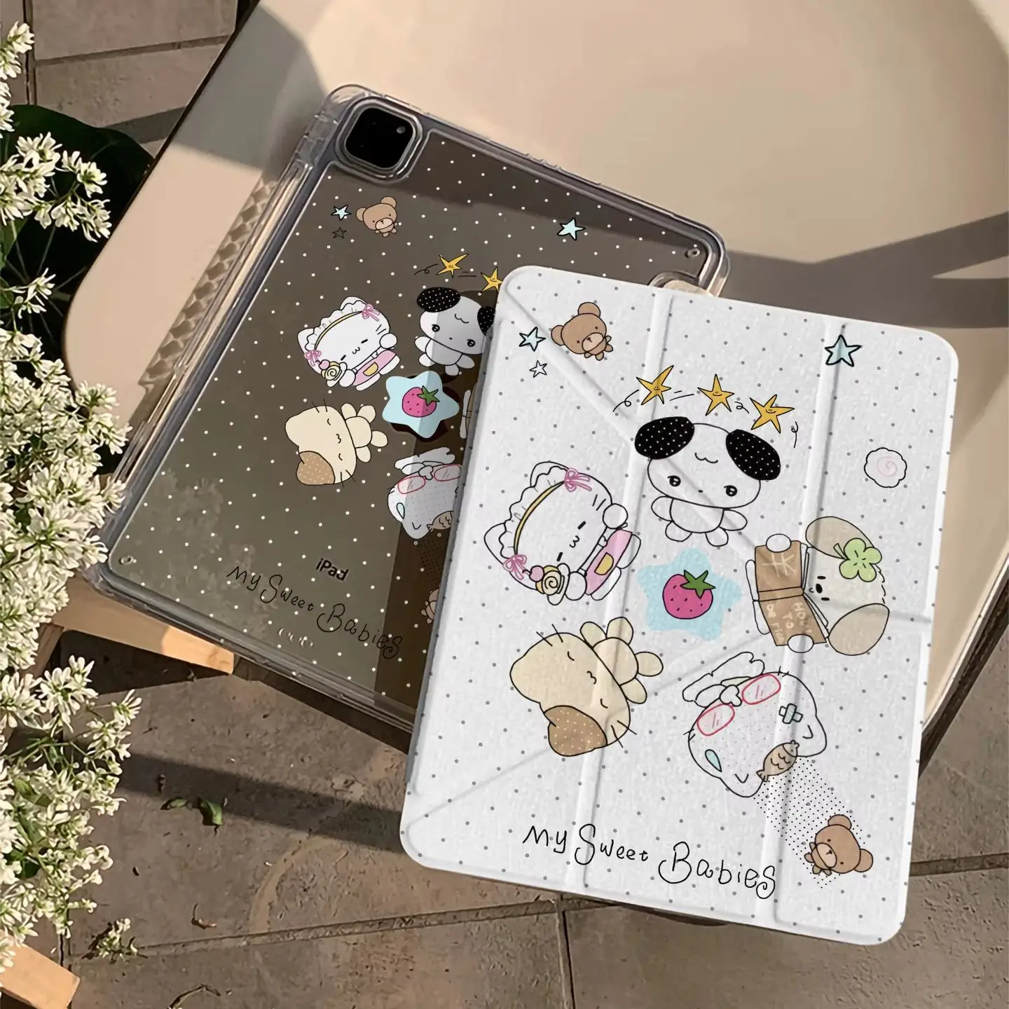 Cute Strawberry Cat Dog Y2K Y-Fold Tablet Case For iPad Pro 11 12.9 13 A16 M2 M4 M3 M5 5/6/7/8/9/10/11th Mini Air 3 4 5 6 Cover